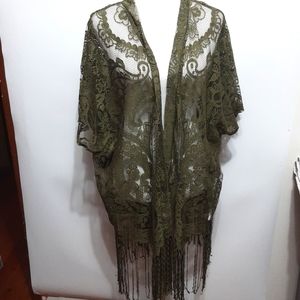 Emerette Green Lace Kimono Open Front Fringe Cardigan
